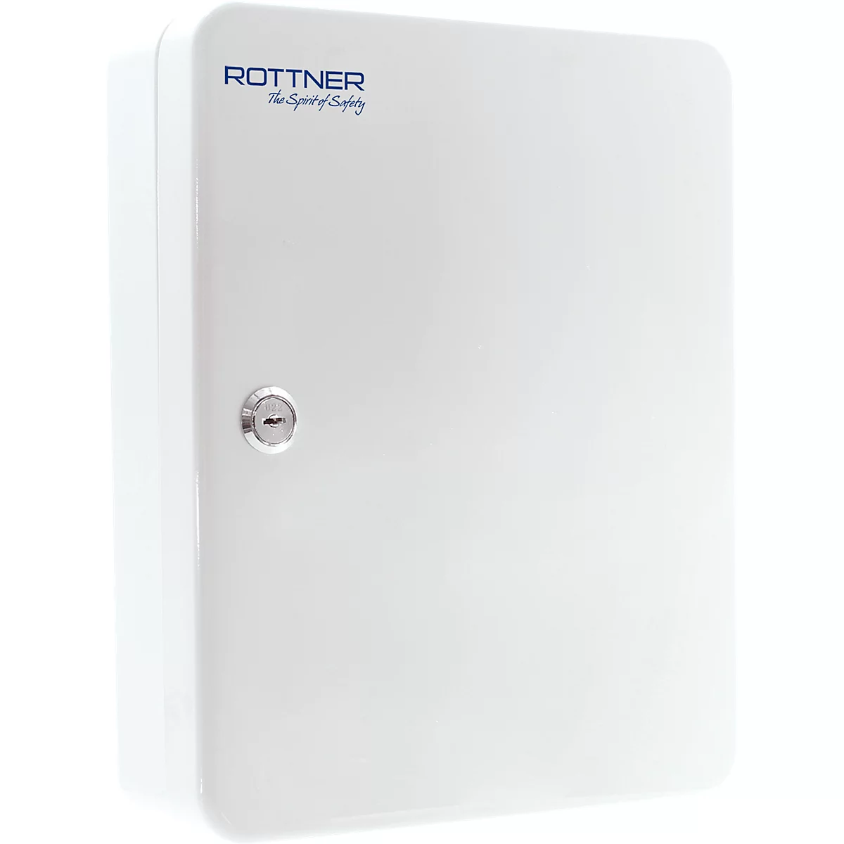 Witte sleutelkluis met het logo "ROTTNER The Spirit of Safety". Er zit een sleutel in het slot.