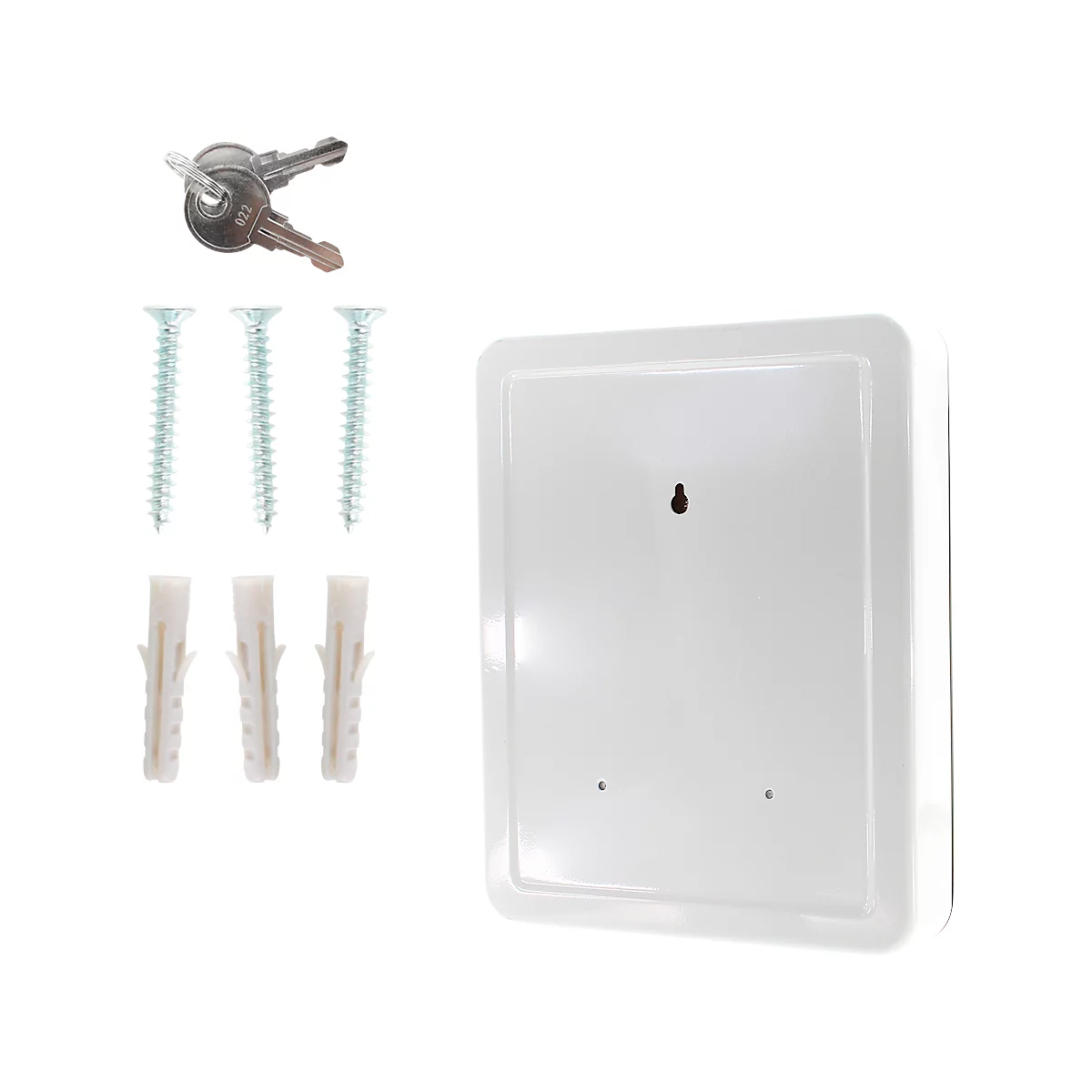 Witte metalen doos met sleutels, schroeven en pluggen om op te hangen.