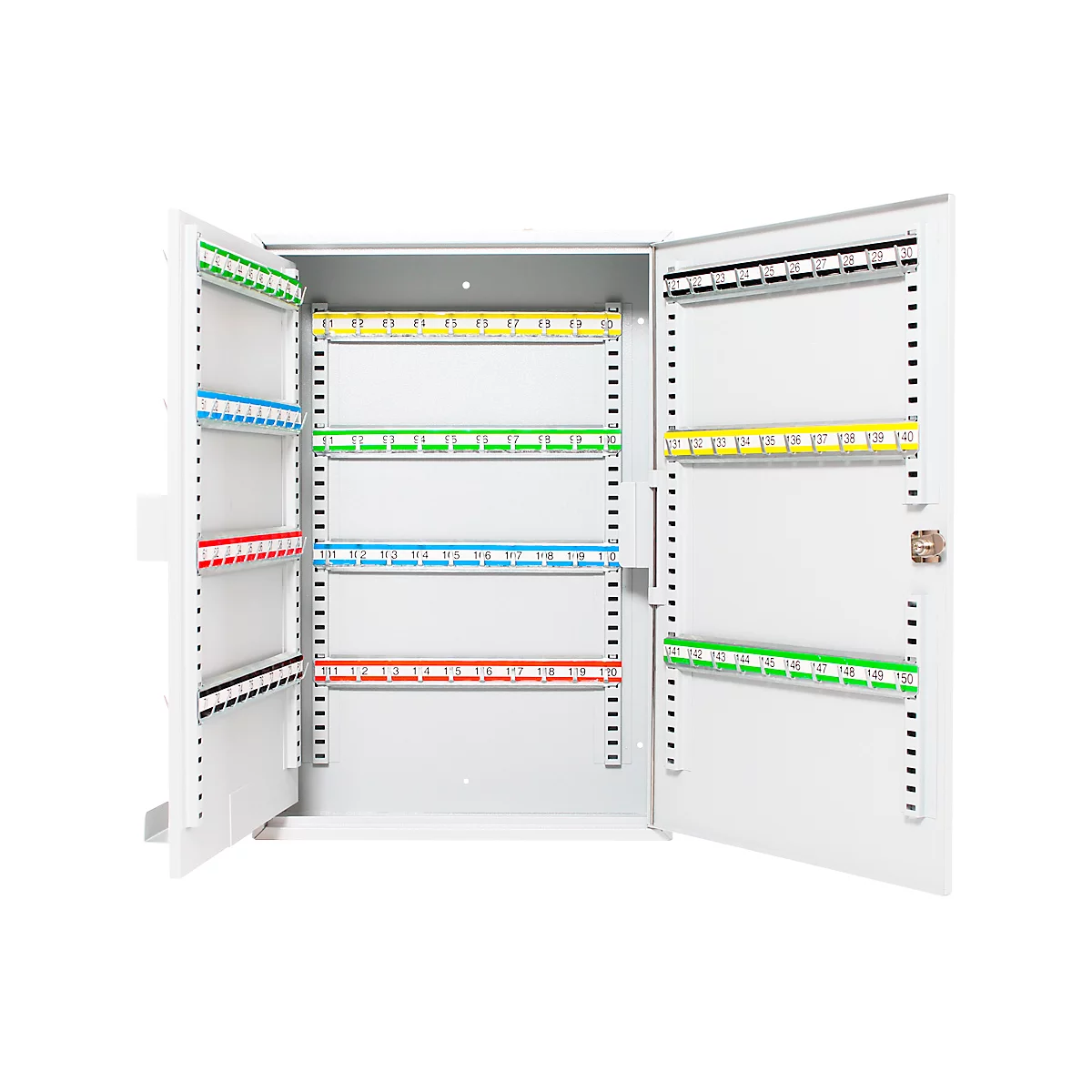 Een open, witte sleutelkast. Gekleurde rijen zijn gerangschikt in de deuren en in de kast om sleutels te kunnen plaatsen.