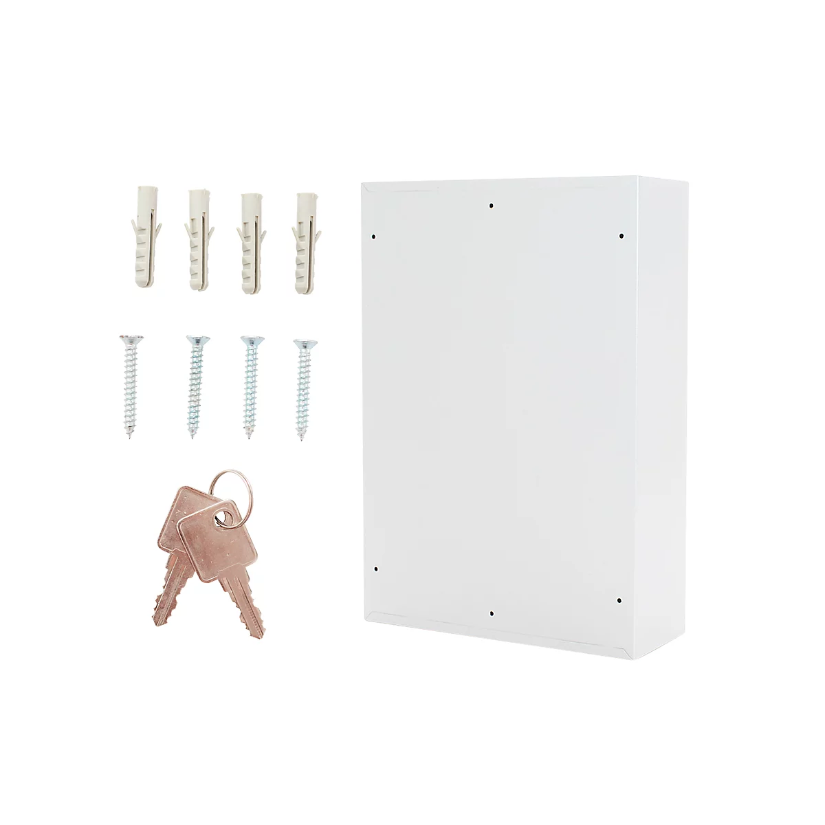 Witte kast met accessoires: pluggen, schroeven en twee sleutels.