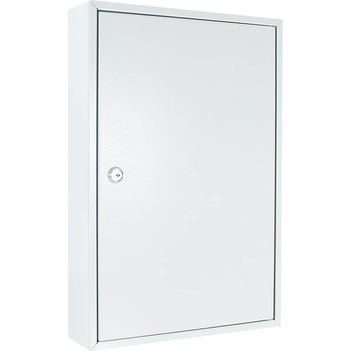 Witte metalen doos met sleutel. Hoekige vorm, licht gearceerd, met een klein slot in het midden.