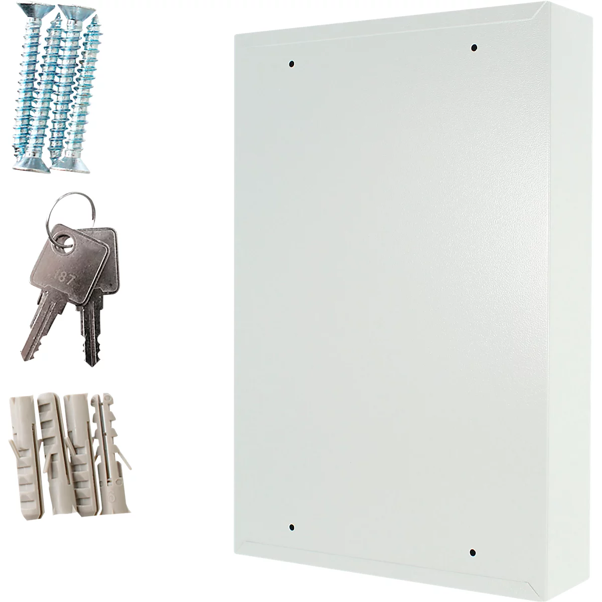 Witte metalen doos met sleutels, schroeven en pluggen. Gaten in de doos voor montage.