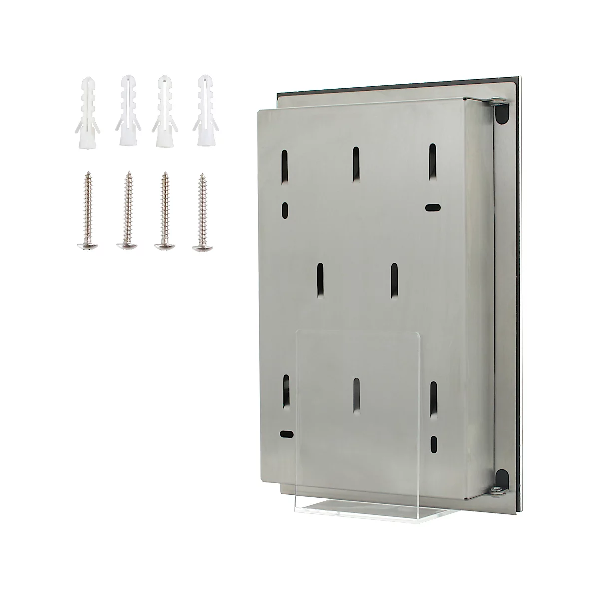 Achterkant van een RVS dispenser, samen met pluggen en schroeven.