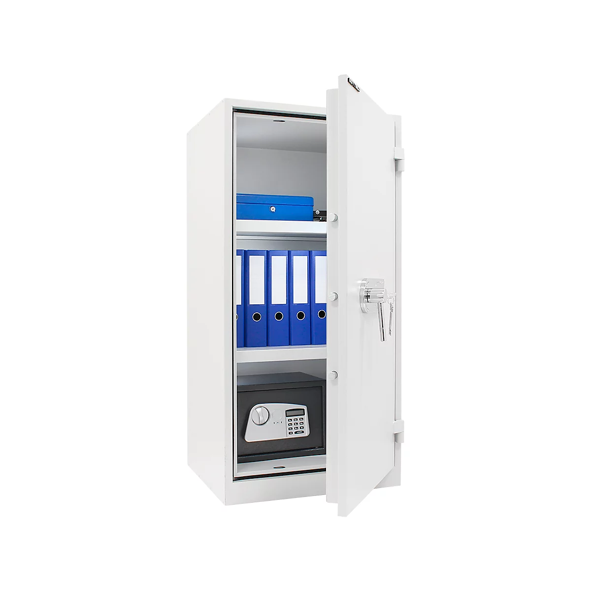 Weisser Tresor mit geöffneter Tür. Innen befinden sich Ordner, ein blauer Ordner und ein kleines, digitales Safemodell.
