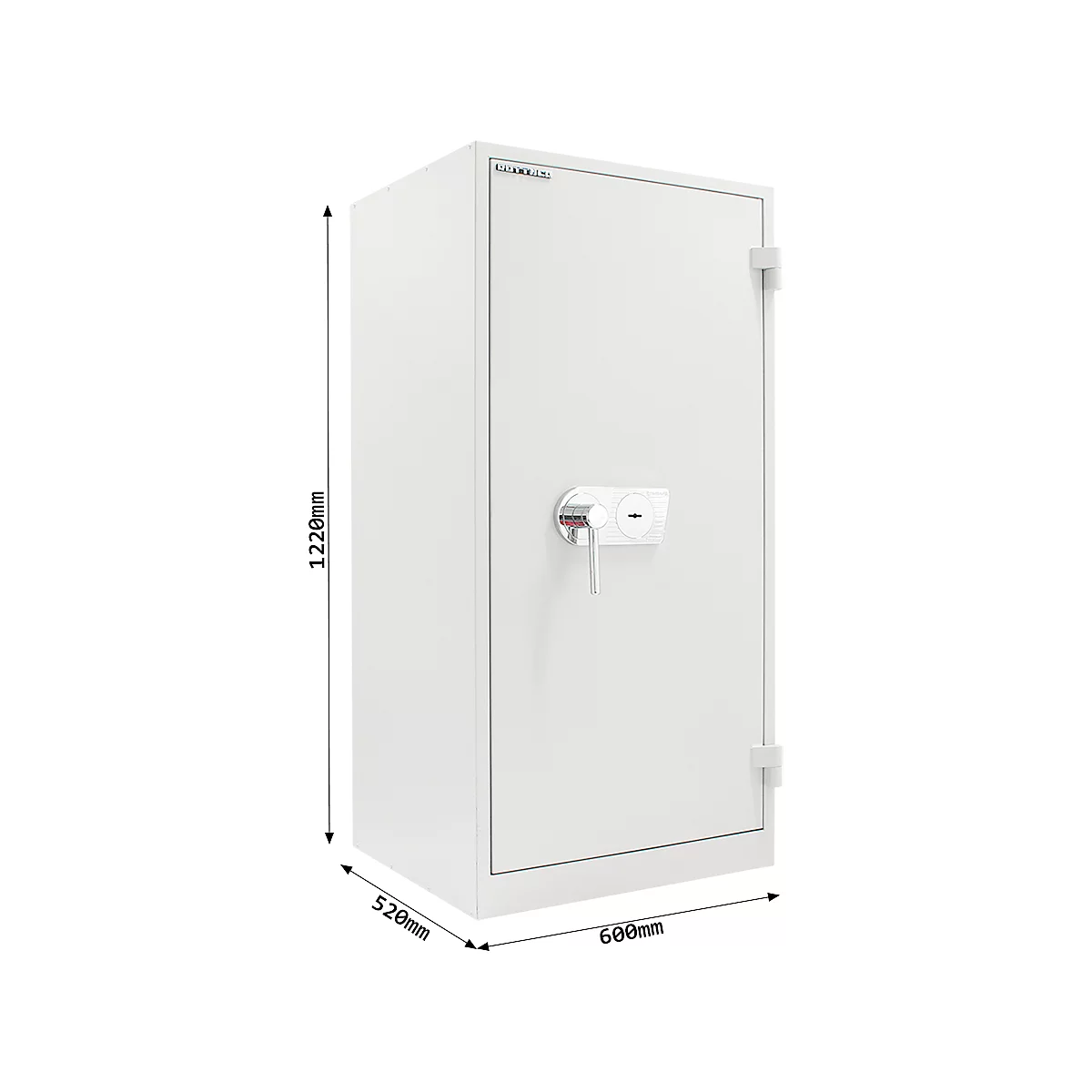 Weisser Tresor mit Tür und Griff, Masse: 1220 mm x 600 mm x 520 mm, vor weissem Hintergrund.