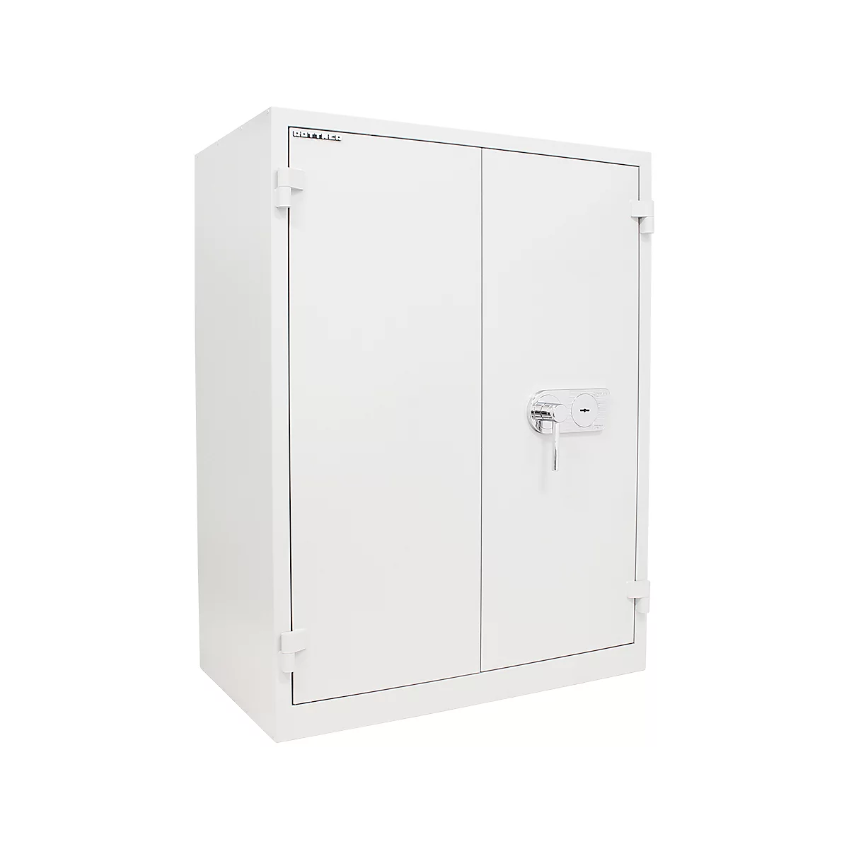 Weißer Stahlschrank mit Doppeltüren, einem Schloss und einem Schlüssel.