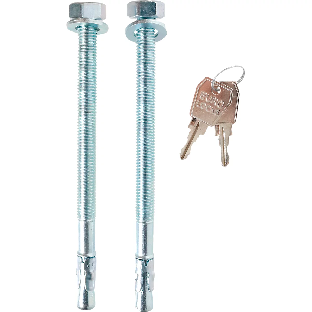 Zwei Schrauben mit Muttern und Unterlegscheiben, daneben zwei Schlüssel mit dem Schriftzug "EURO LOCKS".