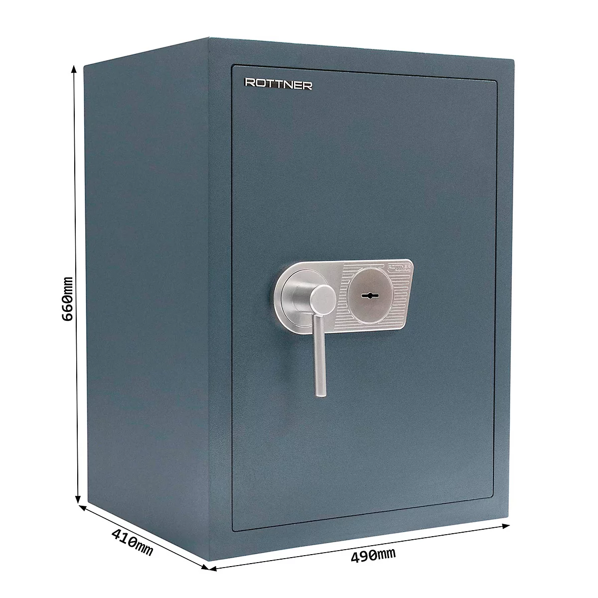 Grijze kluis met zilveren handvat en slot. Afmetingen: 666mm x 490mm x 410mm. Opschrift: ROTTNER.