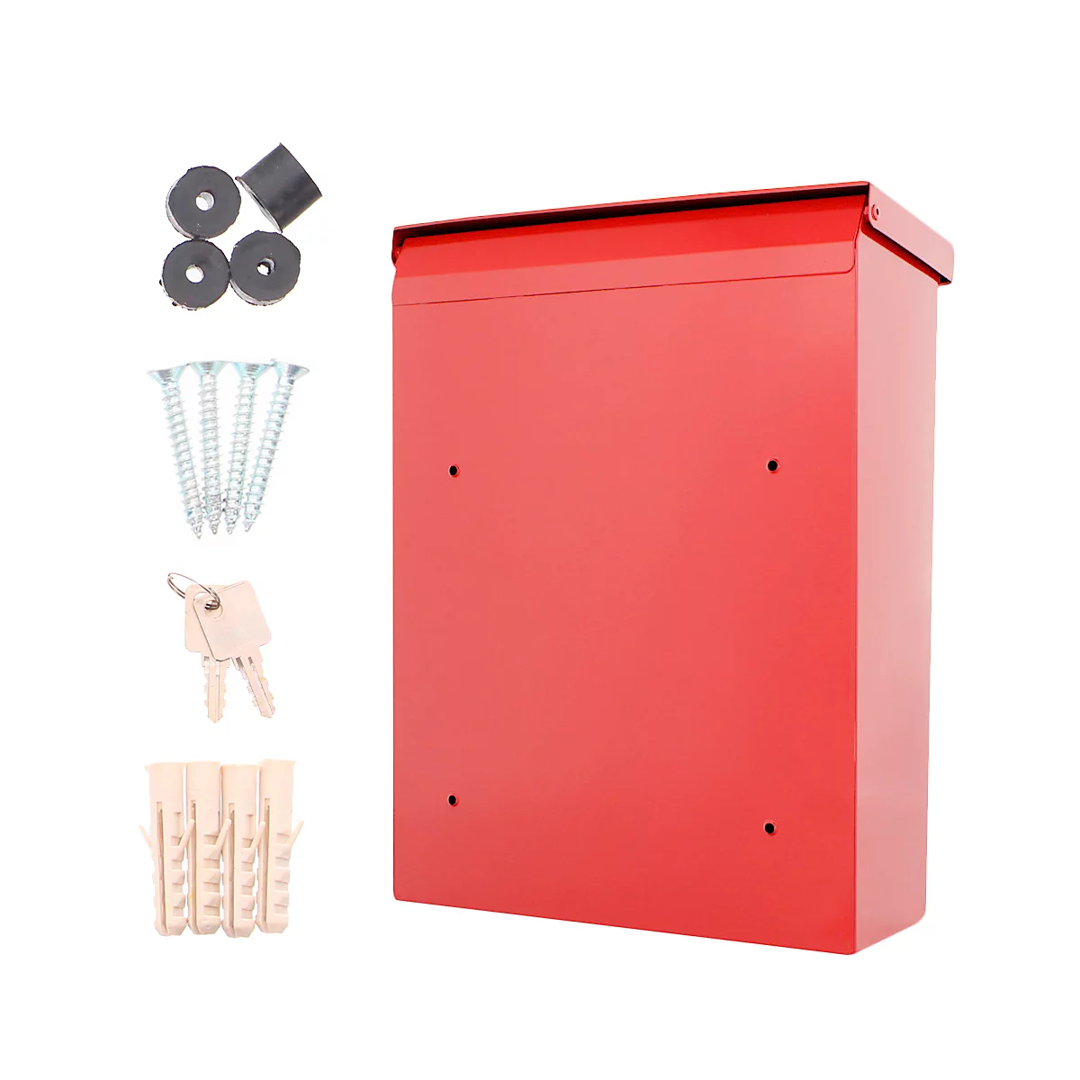 Rote Postbox mit Zubehör wie Schrauben, Schlüssel und Dübeln auf weißem Hintergrund. Die Postbox hat eine eckige Form und eine schräge Dachkante.