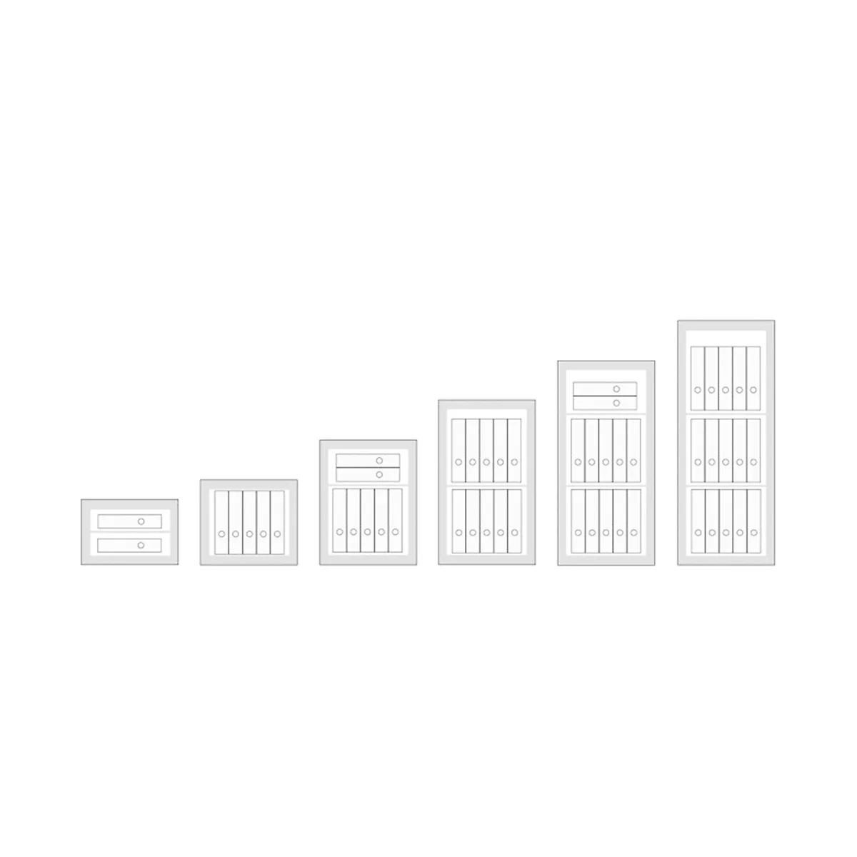 Eine Reihe weißer Schrankelemente, gestaffelt in der Höhe, vor weißem Hintergrund.