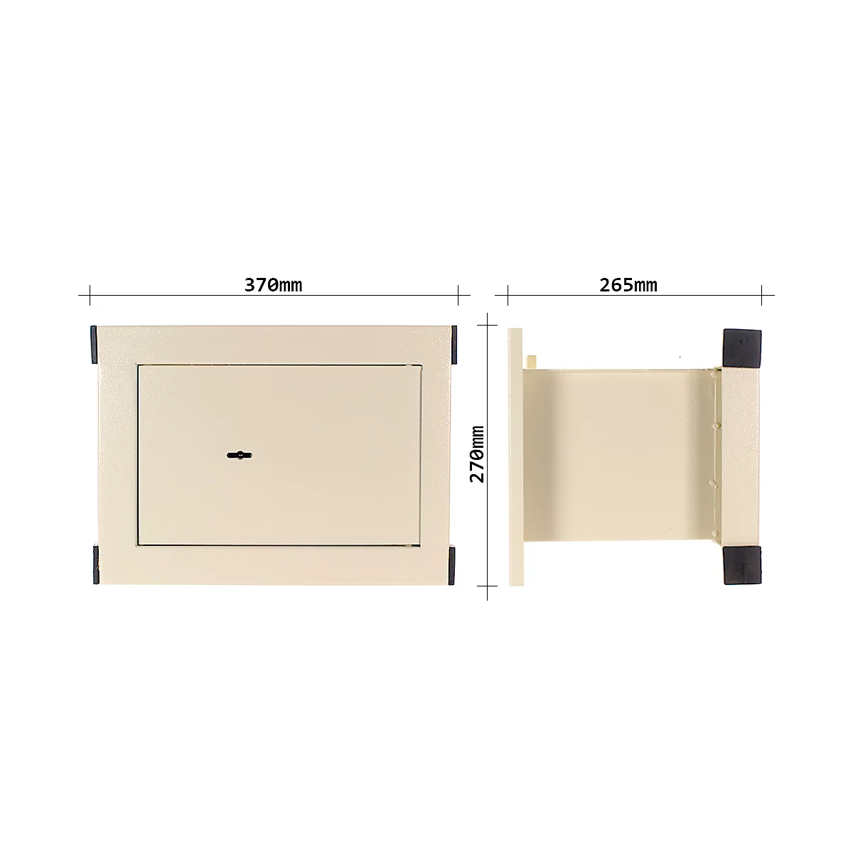Ein beige Tresor mit den Massen 370x270x265mm, links und rechts daneben werden die Masse angegeben.