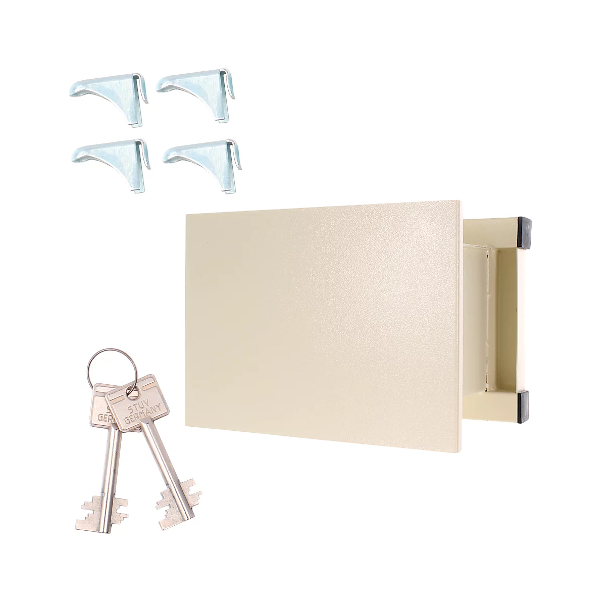 Ein Tresor mit zwei Schlüsseln, vier Halterungen, hellbeige lackiert.