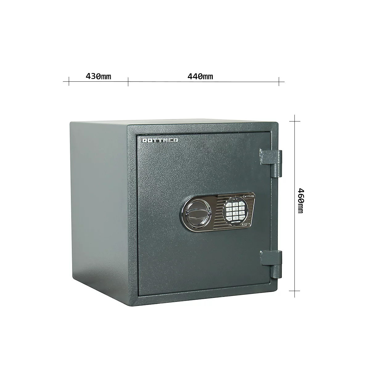 Grauer Tresor mit digitalem Zahlenschloss, Masse: 430 x 440 x 460mm.