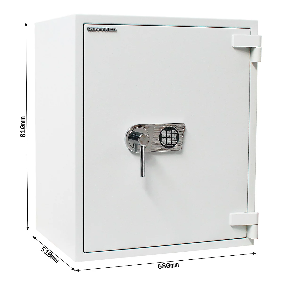 Weisser Tresor mit Zahlenfeld und Drehgriff, Masse: 810x680x510mm.