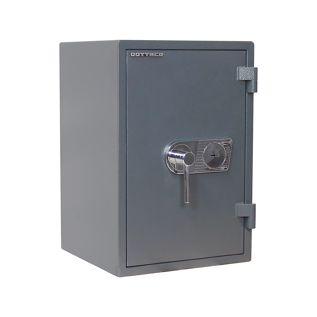 Grauer Tresor mit Griff und Schloss, Aufschrift DOTTHEC.