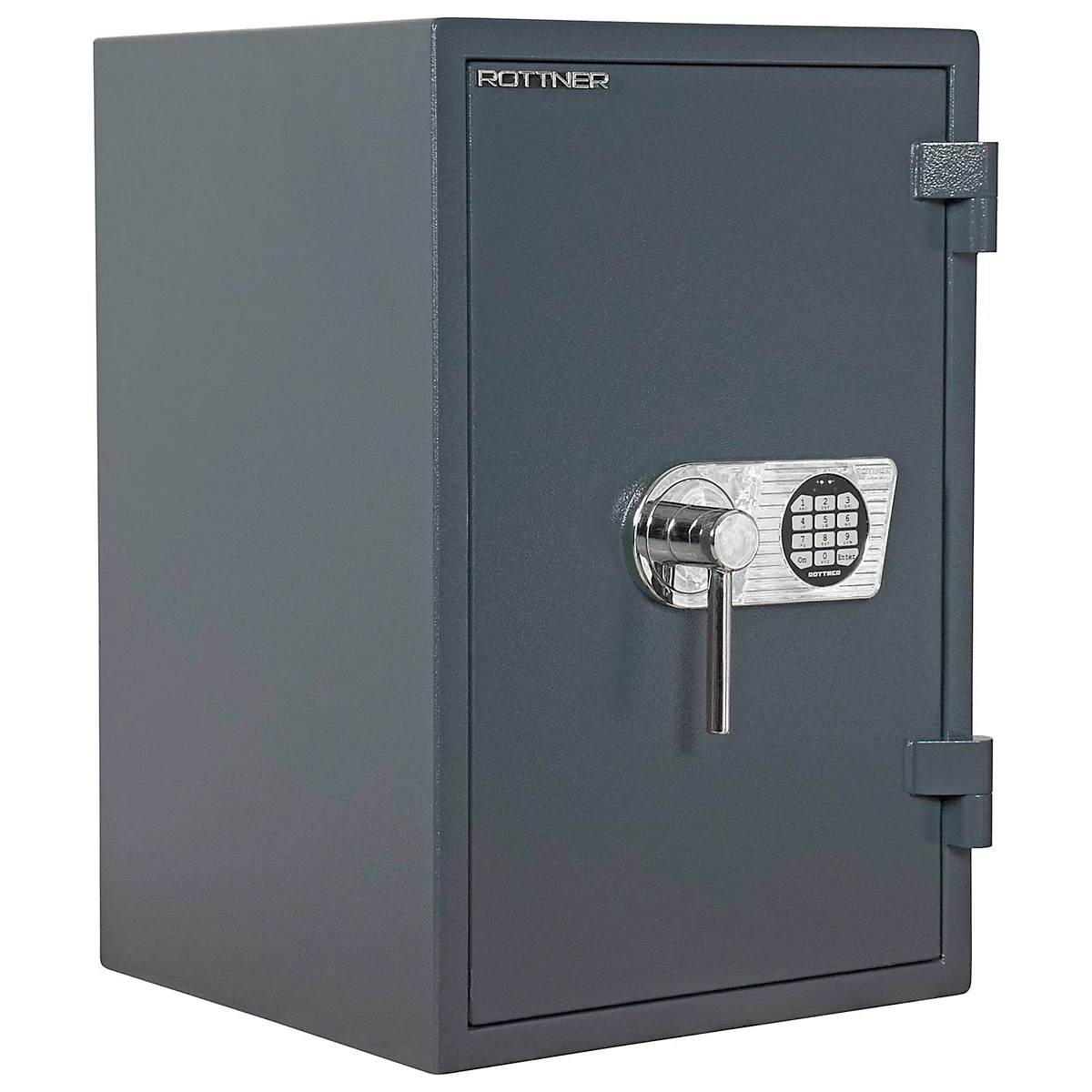 Ein grauer Tresor steht leicht schräg. Er hat ein digitales Schloss, einen Griff und den Schriftzug 'ROTTNER'.