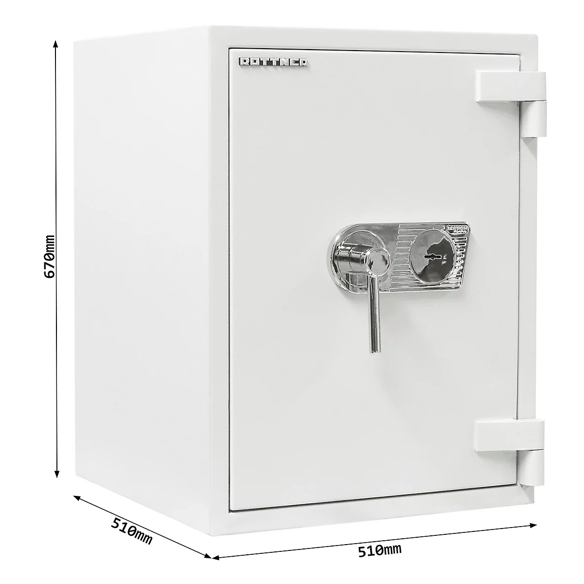 Weisser Tresor mit Chromgriff, Massangaben 510 x 510 x 670 mm. Aufschrift DOTTECO.