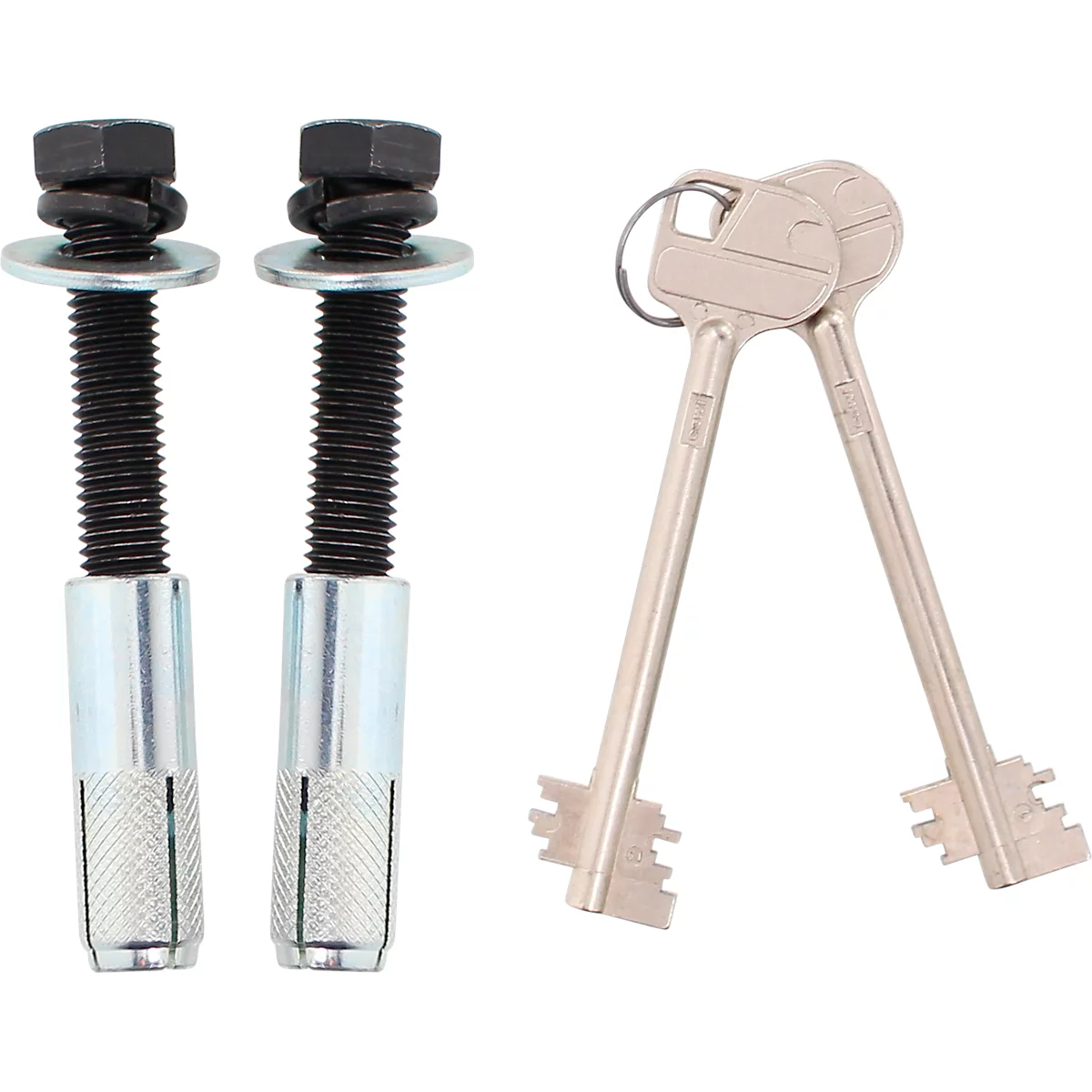 Zwei Schrauben, zwei Schlüssel vor weissem Hintergrund. Die Schrauben sind mit Muttern und Unterlegscheiben versehen.