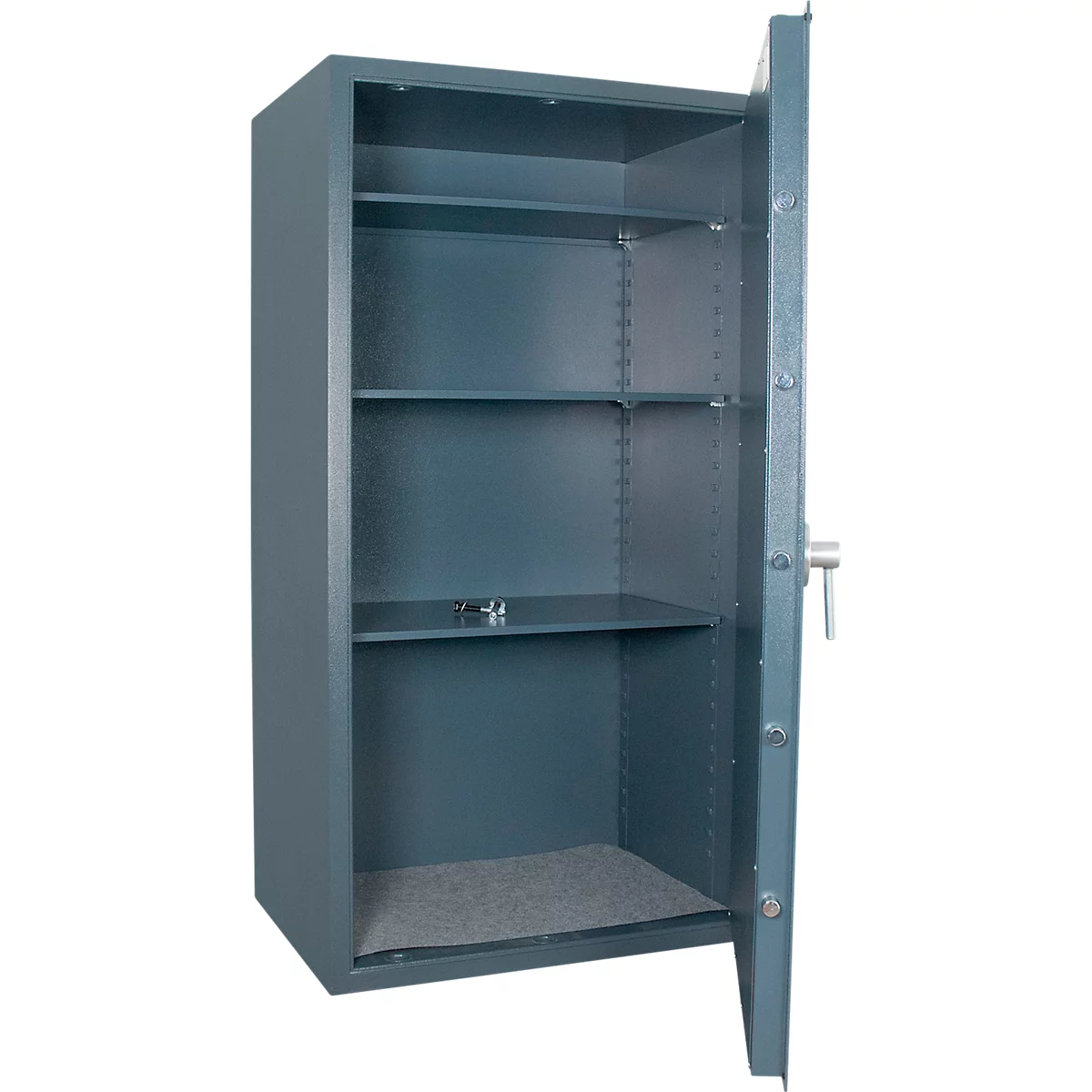 Offener, blaugrauer Tresor mit Regalen. Die Tür ist geöffnet.