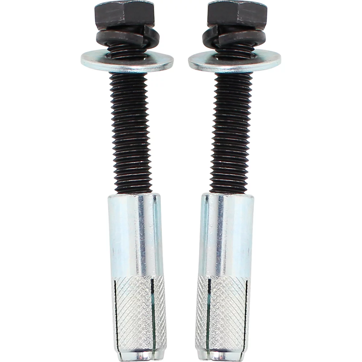 Zwei Schrauben mit Muttern und Unterlegscheiben. Die Schrauben haben ein Gewinde und einen Spreizdübel.