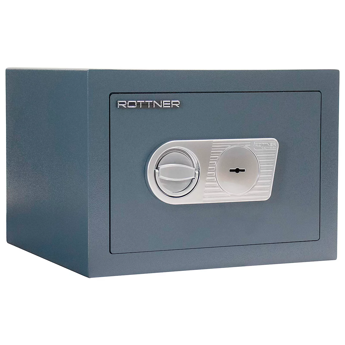 Grau-blauer Safe mit Drehknopf und Schlüsselloch. Der Schriftzug "ROTTNER" ist zu sehen.