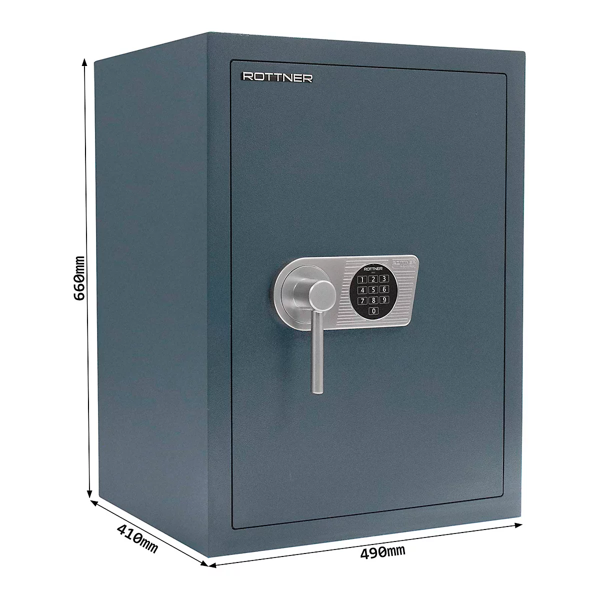 Grauer Tresor mit Zahlenschloss, Griff und Rottner Schriftzug, Maße 660x490x410mm.