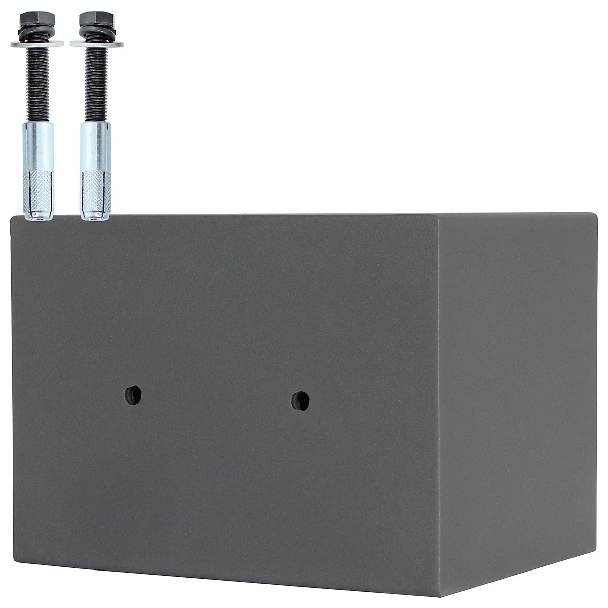 Ein grauer Metallblock mit zwei Schrauben. Zwei Löcher sind in der Vorderseite sichtbar.