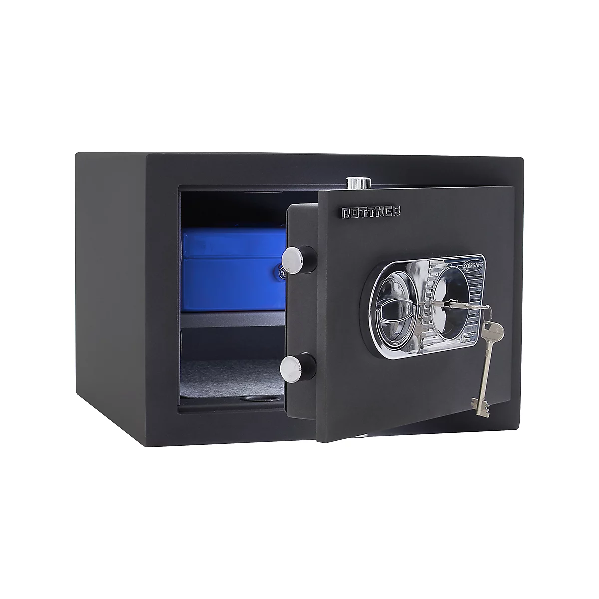 Geöffnete, schwarze Wertschutzschrank mit Schlüssel und blauem Behälter im Inneren.