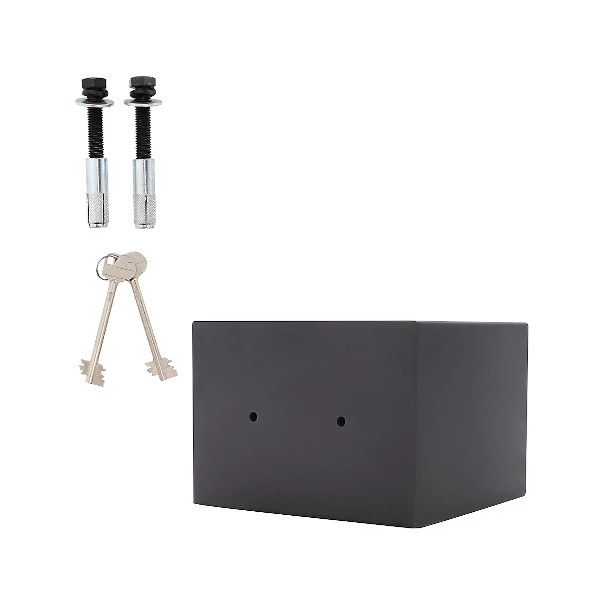 Schwarzer Tresor mit zwei Schlüsseln und Befestigungsmaterial.