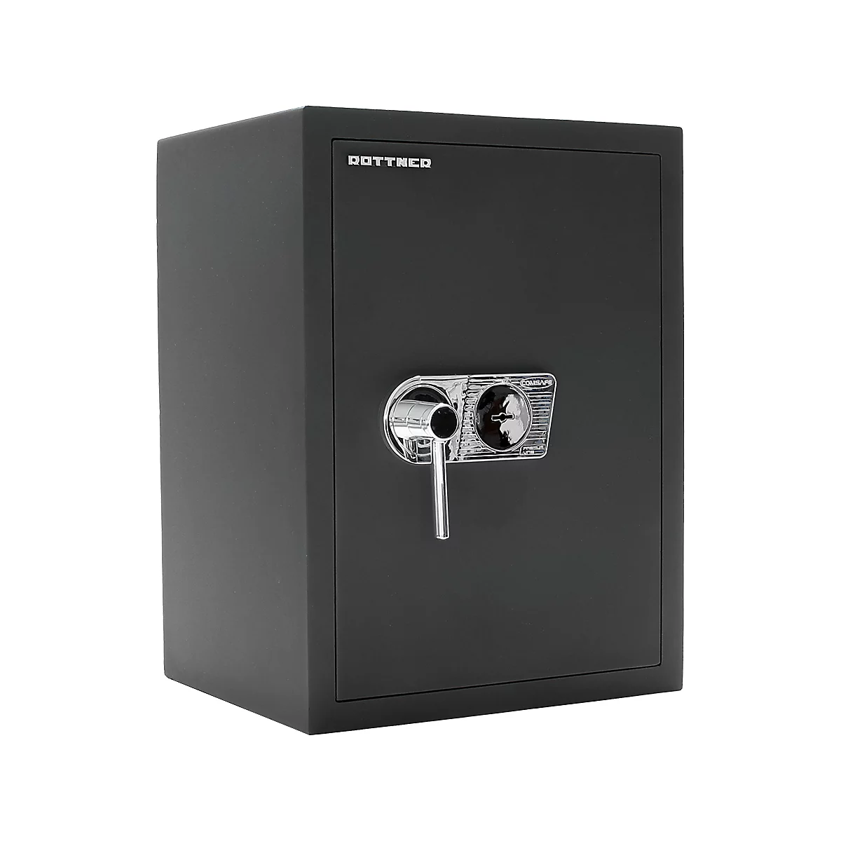 Schwarzer Tresor mit silbernem Griff. Oben links steht "DOTTRCO".