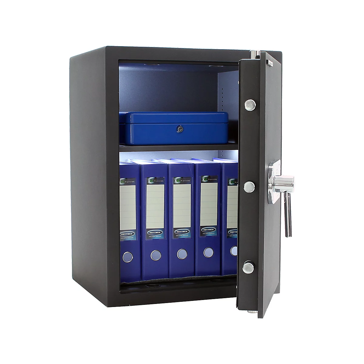 Schwarzer Tresor mit geöffneter Tür, dahinter Ordner und eine blaue Box.