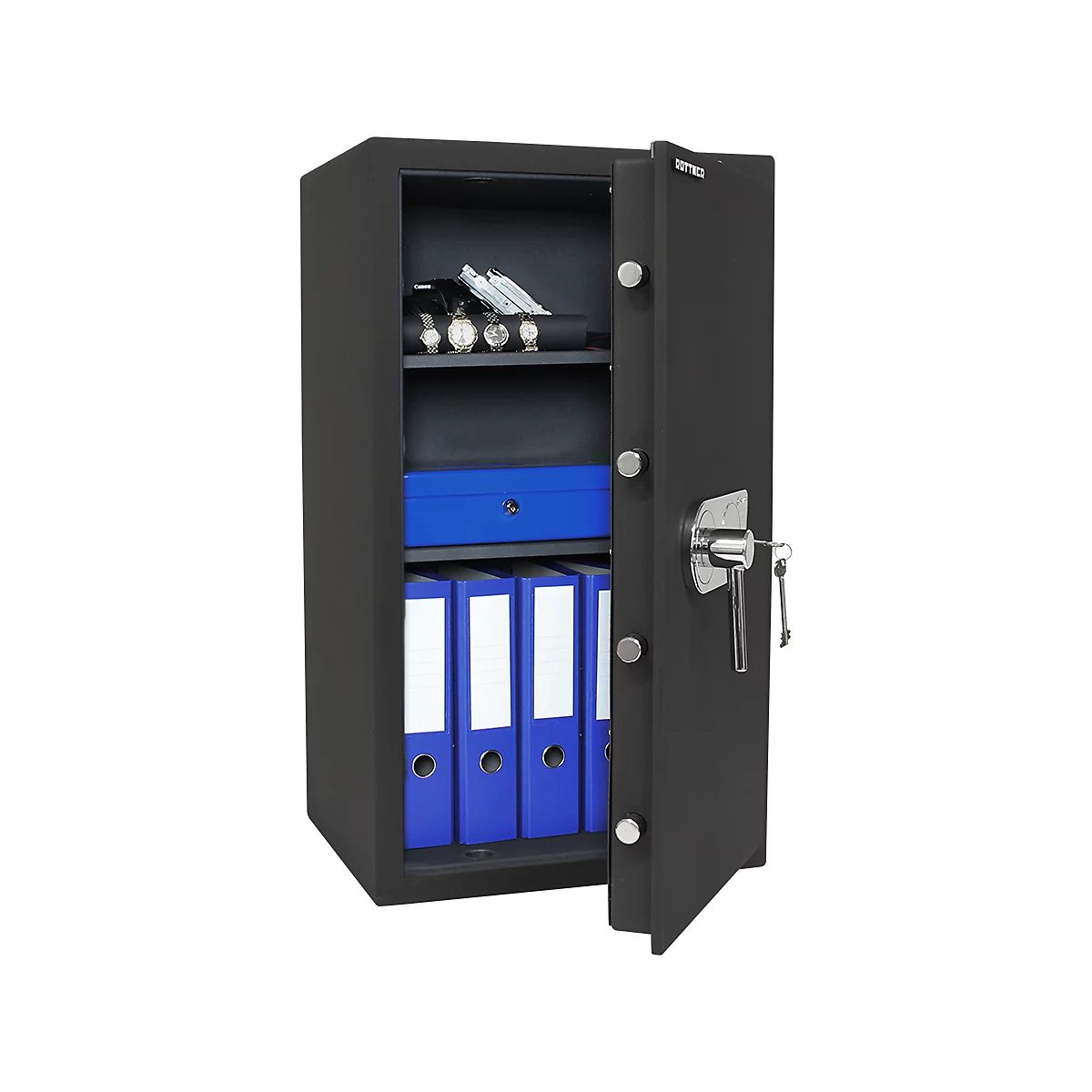 Ein offener, schwarzer Tresor. Im Inneren befinden sich Uhren, Ordner und eine blaue Box.