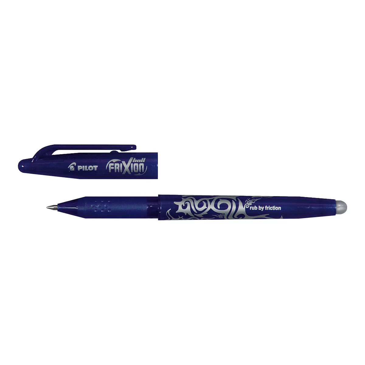Bolígrafo Pilot Frixion azul con tapa separada. 'Rub by friction' está escrito en el bolígrafo.