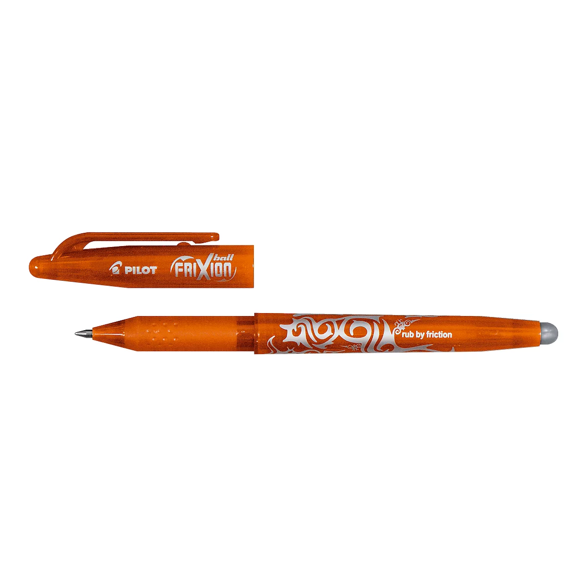 Un bolígrafo Pilot Frixion naranja con la tapa quitada. El bolígrafo está etiquetado con el nombre 'Frixion'.