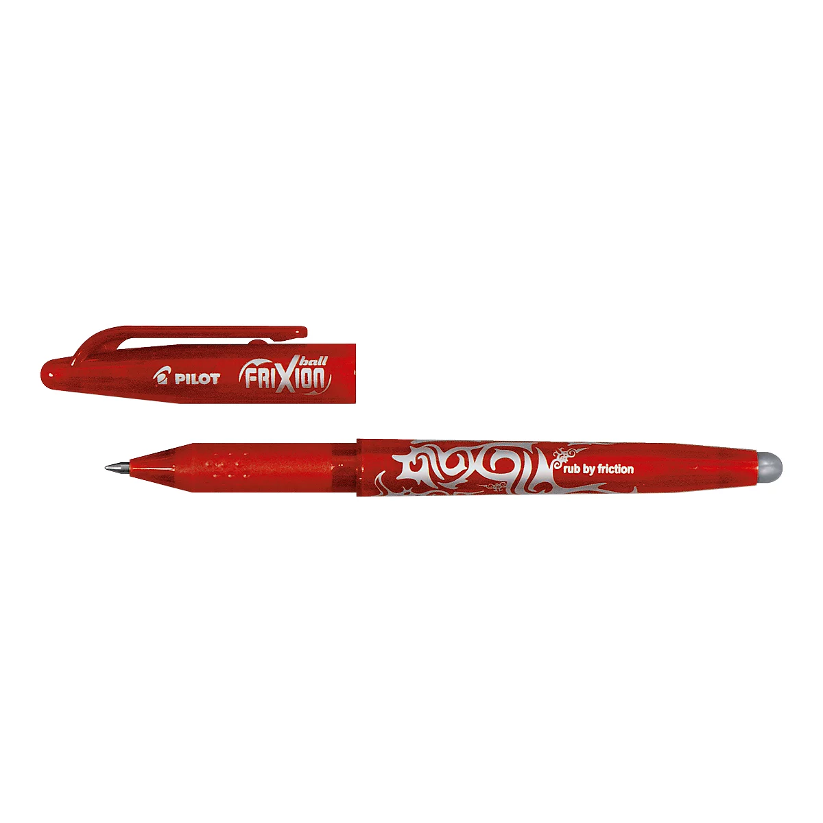 Un bolígrafo Pilot Frixion rojo con la tapa quitada. El bolígrafo tiene adornos plateados y el texto 'rub by friction'.