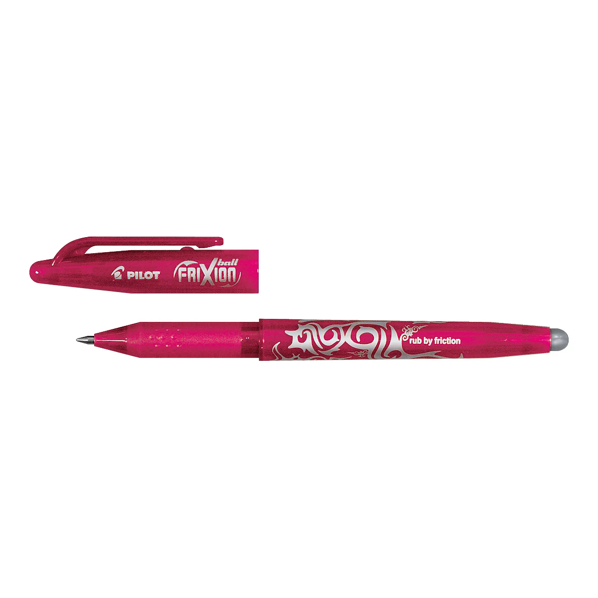 Un bolígrafo rosa, sin la tapa, con el texto "Pilot Frixion".