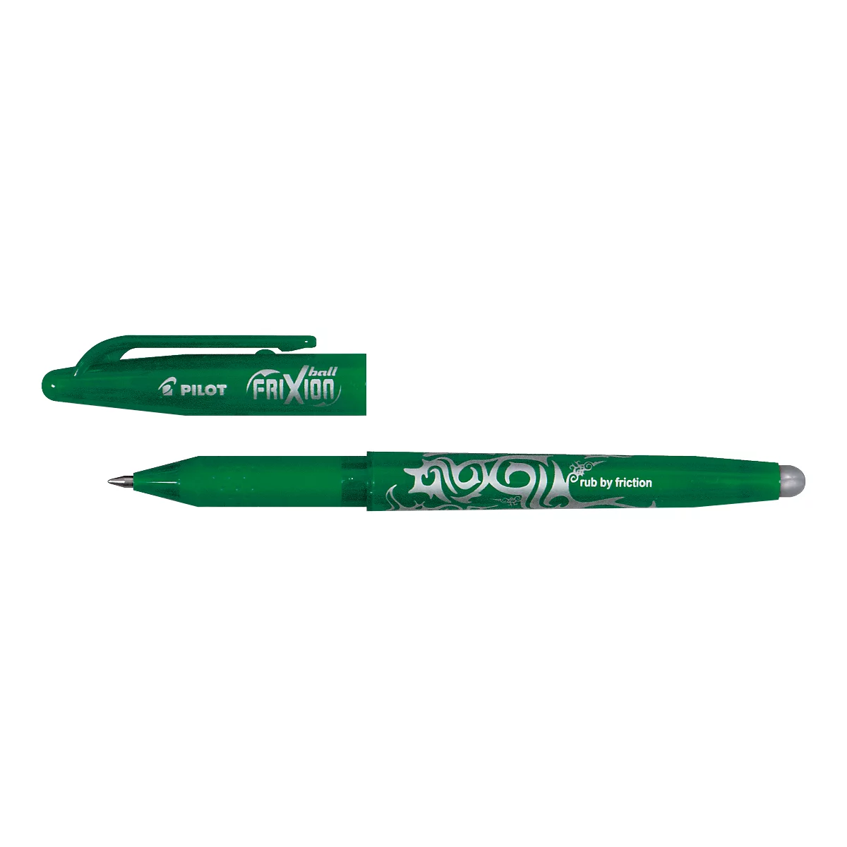 Un bolígrafo Pilot Frixion verde. El bolígrafo está abierto, con la tapa al lado.