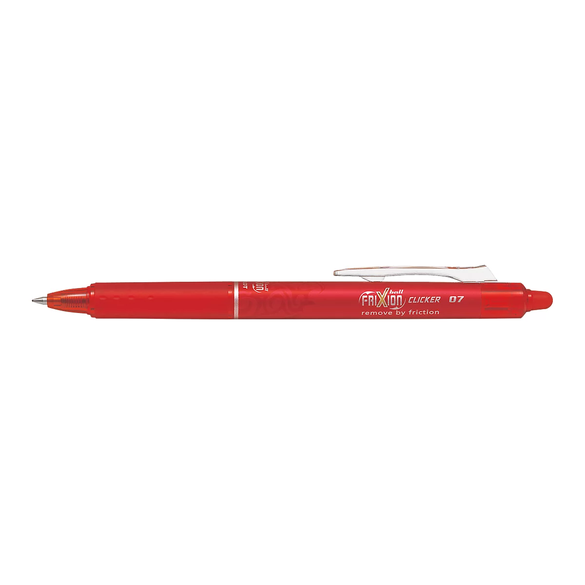 Un bolígrafo rojo con punta metálica, clip e impresión. El bolígrafo es el Pilot Frixion Clicker 07 y tiene caracteres impresos.