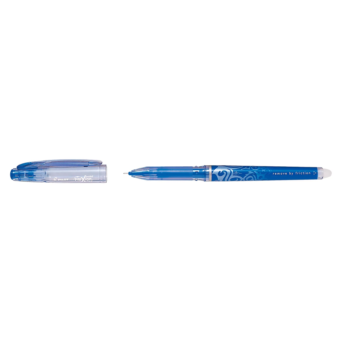 Bolígrafo azul borrable, parcialmente abierto. El bolígrafo está decorado con adornos azules y blancos.