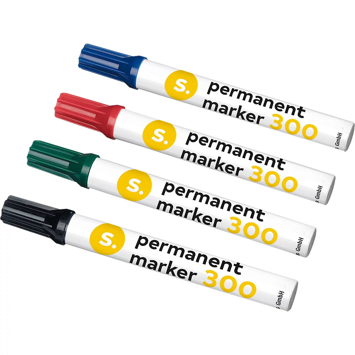 Rotulador permanente S. 300, punta redonda, ancho de trazo 1,5-3 mm, resistente al agua, se puede guardar abierto, aluminio y plástico, colores surtidos, 4 piezas