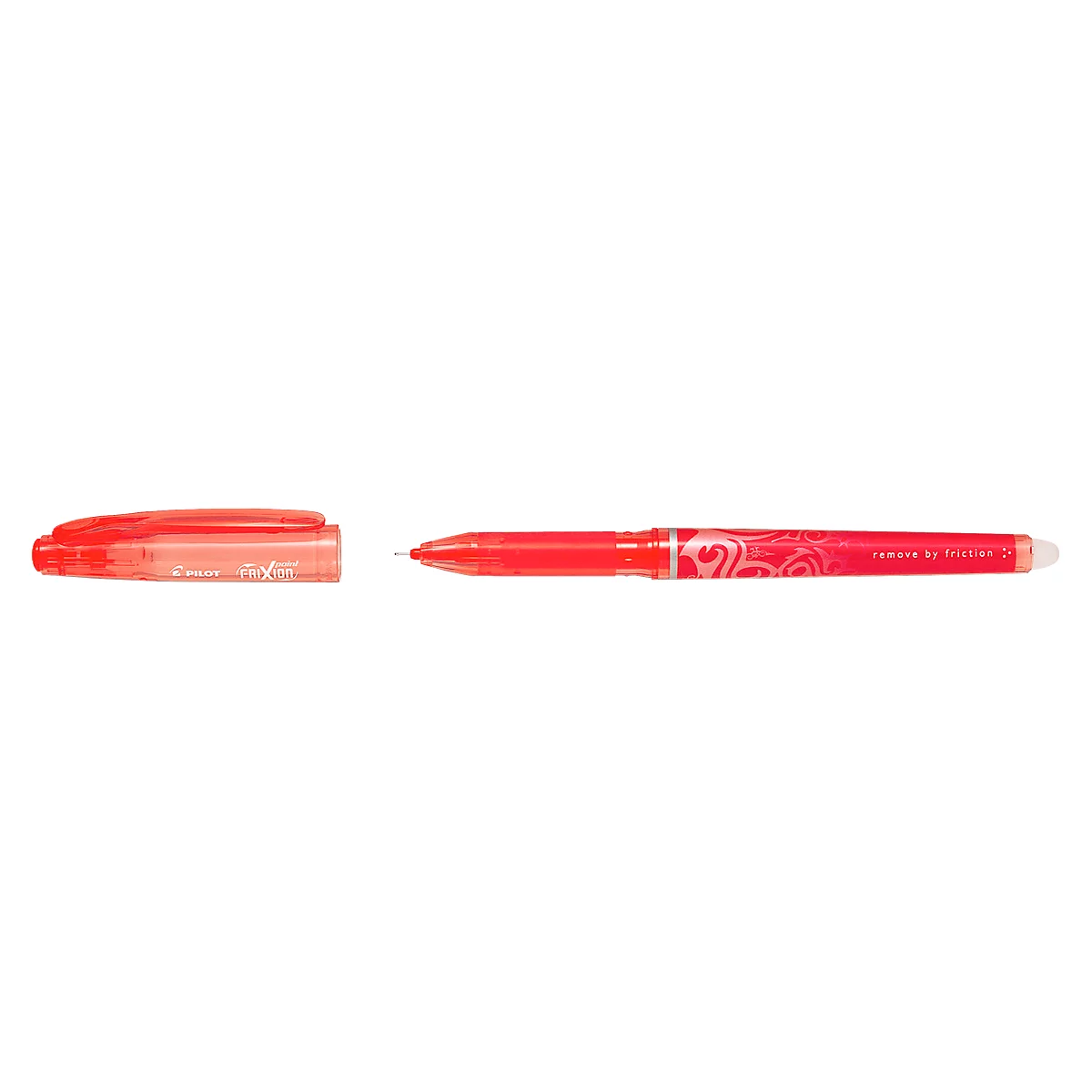 Un bolígrafo rojo con una tapa al lado. Hay texto en el bolígrafo.