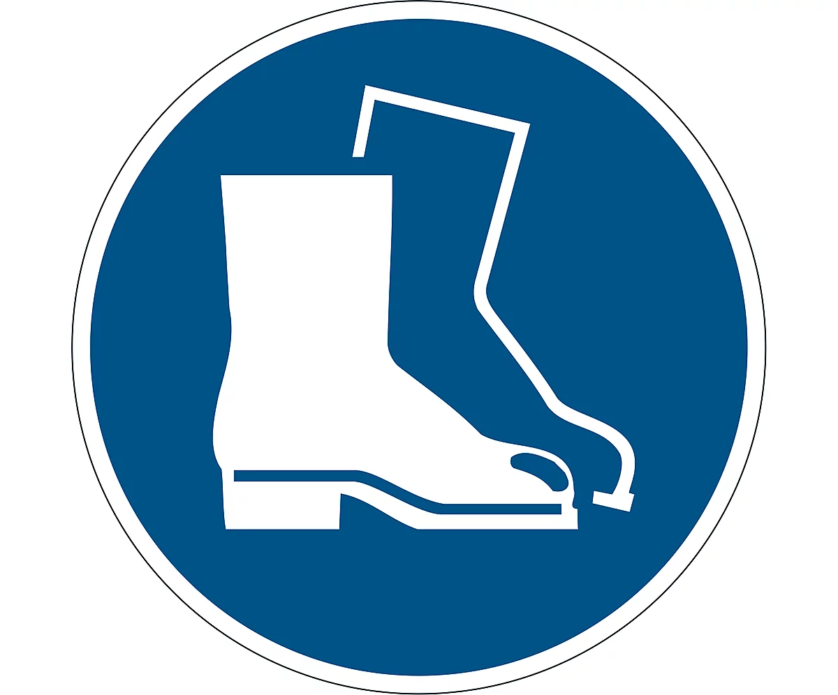 Rótulo informativo duradero, redondo, para uso en interiores, motivo 'Utilizar protección para los pies', EN ISO 7010, autoadhesivo, azul-blanco, 1 unidad