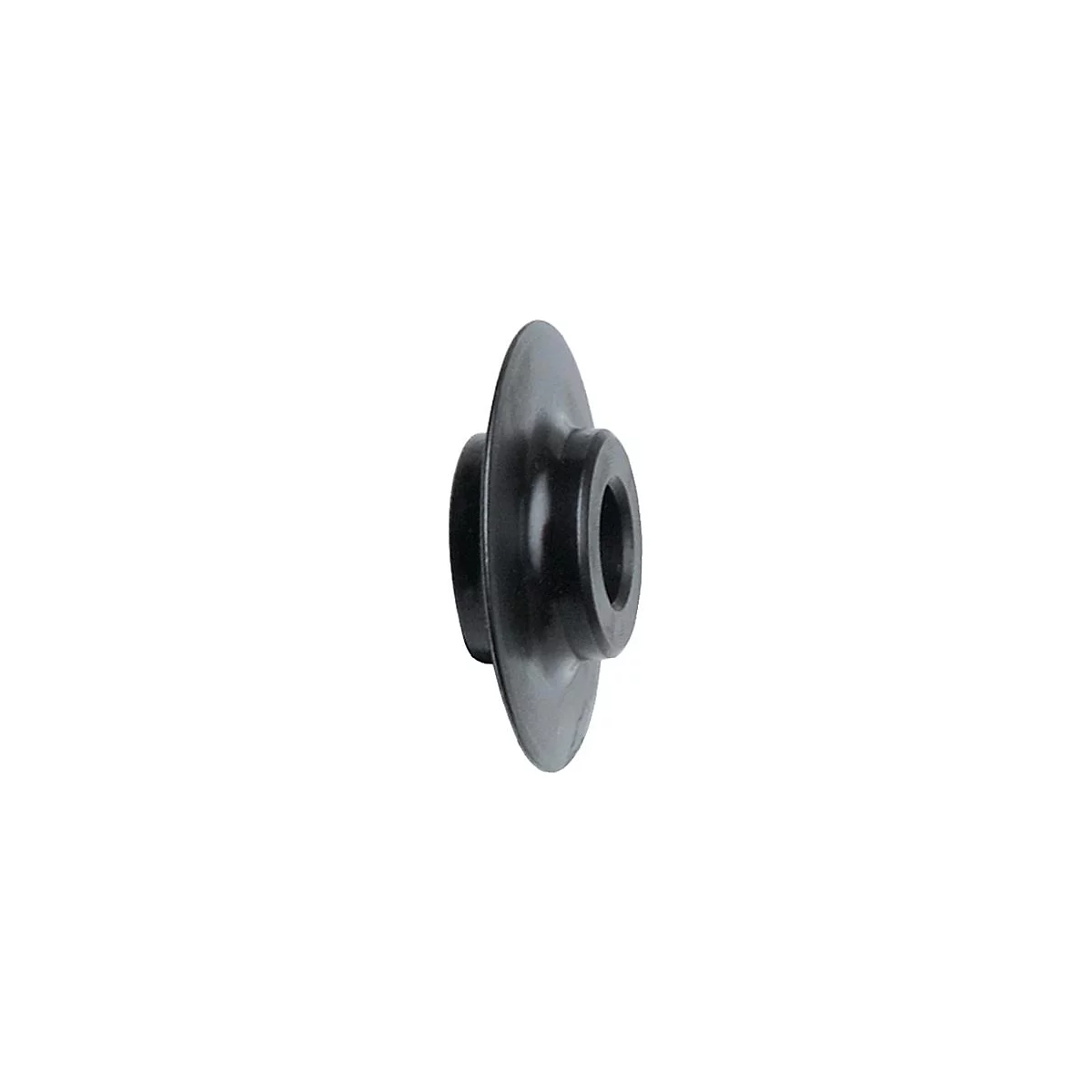 Pièce métallique noire avec un disque plat et rond et un centre cylindrique avec un trou.