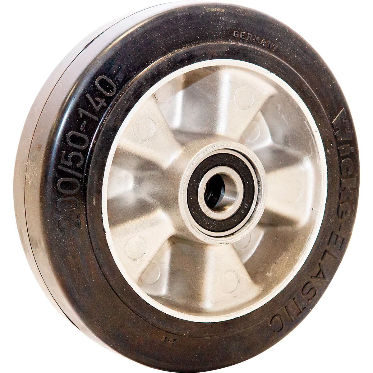 Roue pivotante pour transpalette, roulements inclus, Ø 200 x L 50 mm, caoutchouc plein, argent