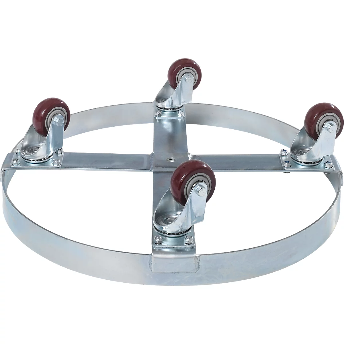 Roule-fût, acier galvanisé, Ø 610 x H 160 mm, 4 roues pivotantes en plastique, pour fûts de 250 l, jusqu'à 410 kg