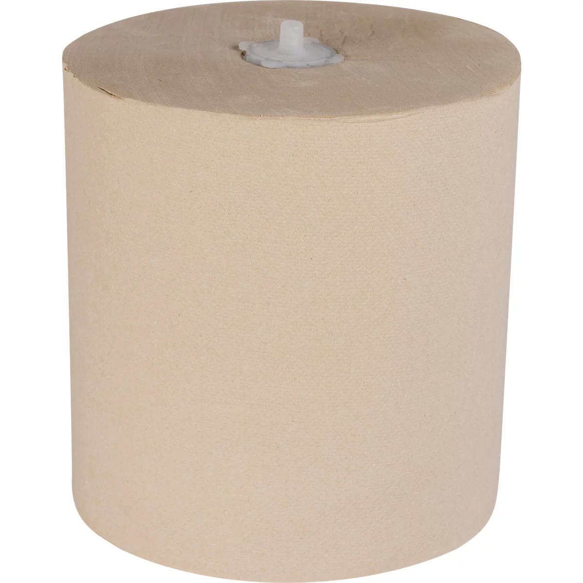 Rouleau d'essuie-mains beige avec support en plastique blanc en haut.