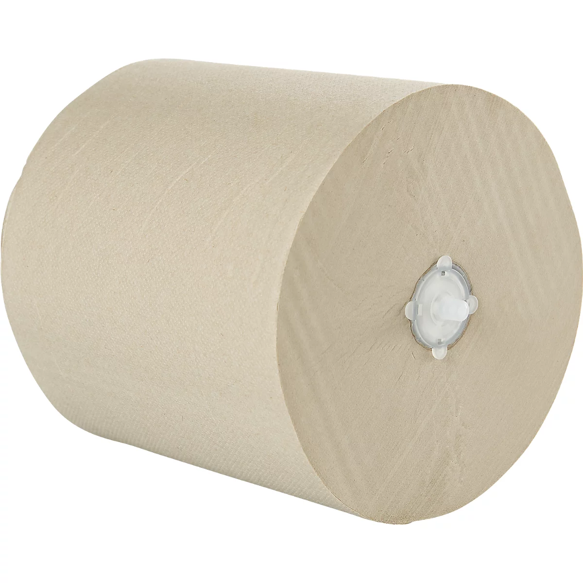 Rouleau d'essuie-mains beiges. Un dispositif de montage blanc est visible au centre du rouleau.