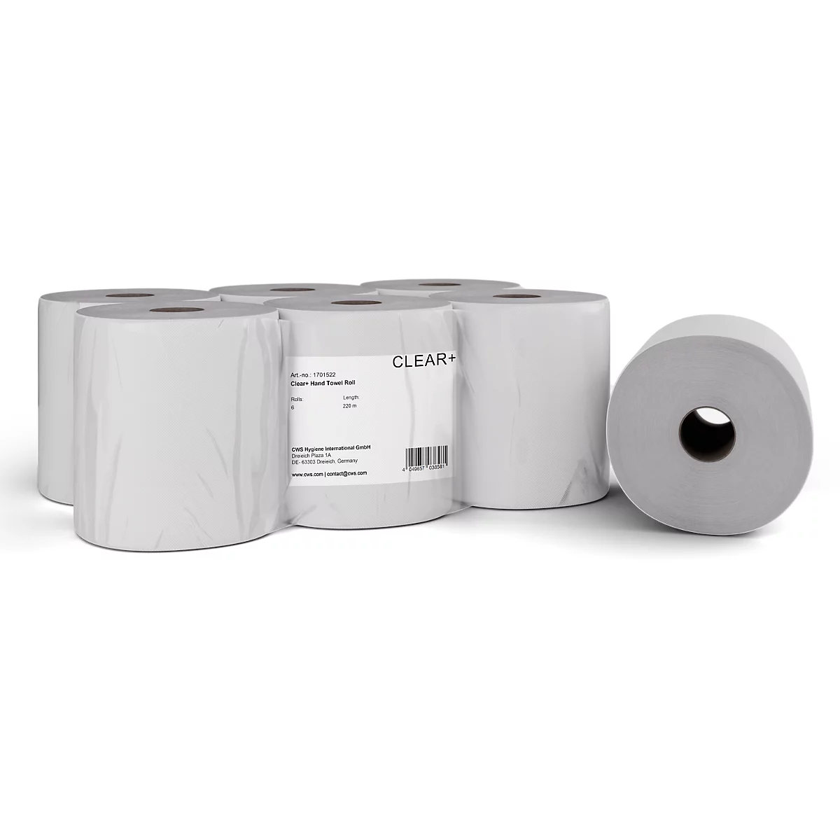 Plusieurs rouleaux de papier essuie-main blancs emballés dans un film transparent, avec étiquette de la marque CLEAR+.
