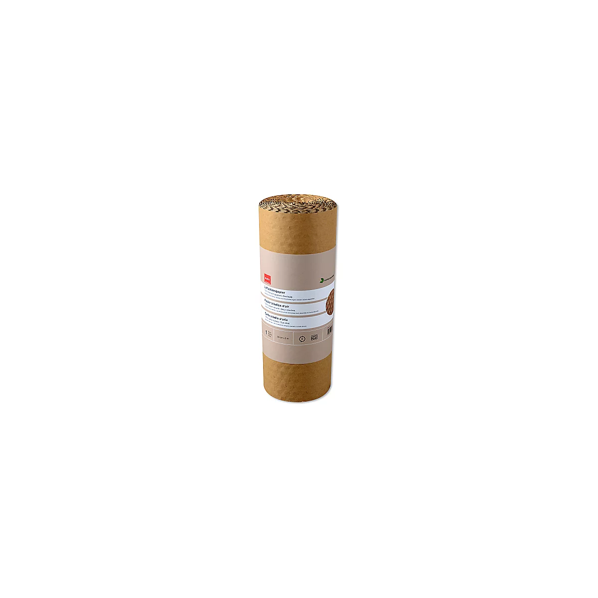 Rouleau de papier bulle. Le rouleau est marron et comporte une étiquette blanche avec des informations sur le produit.