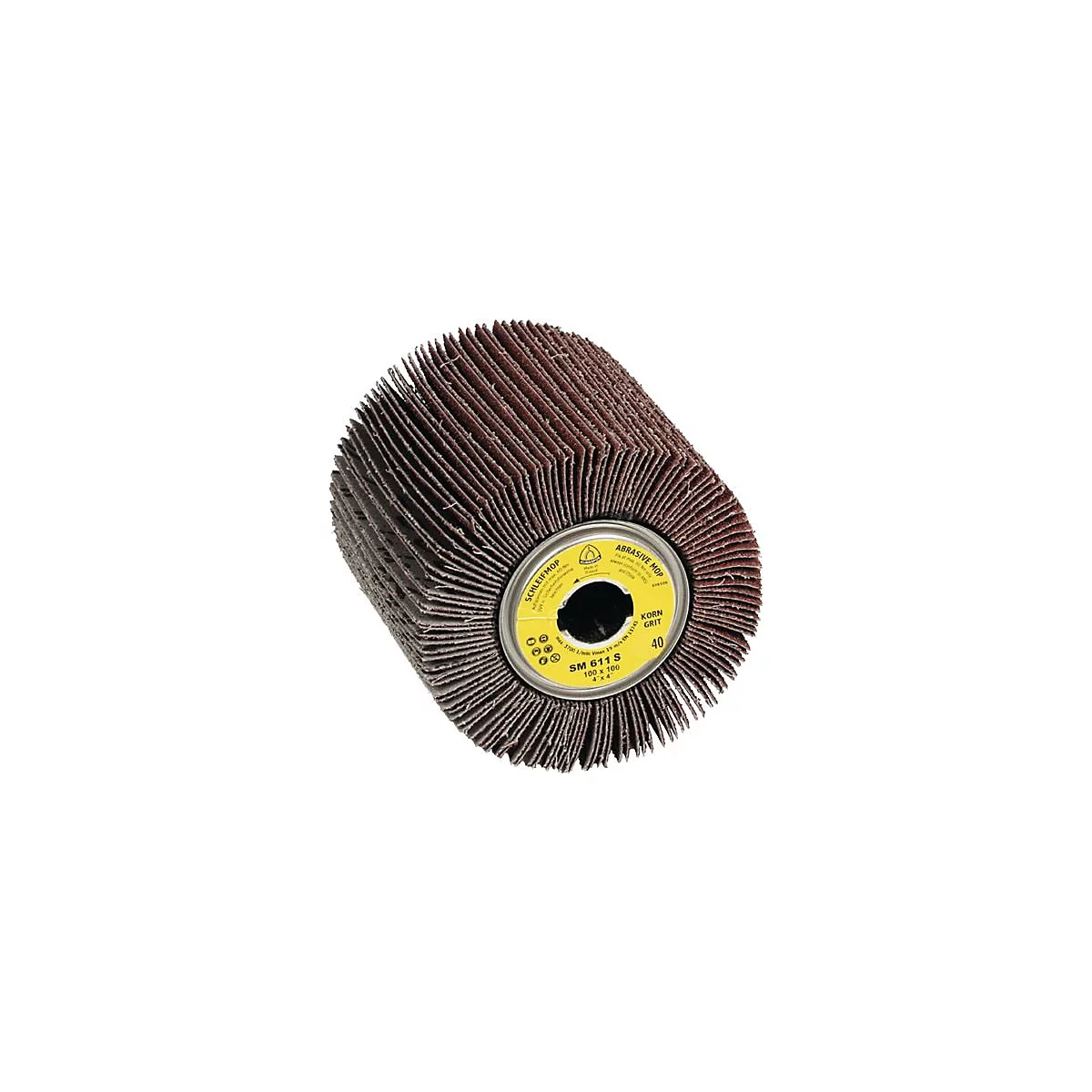 Mop abrasif avec des rabats abrasifs disposés radialement dans des tons bruns et gris. Autocollant jaune sur le devant avec des informations.